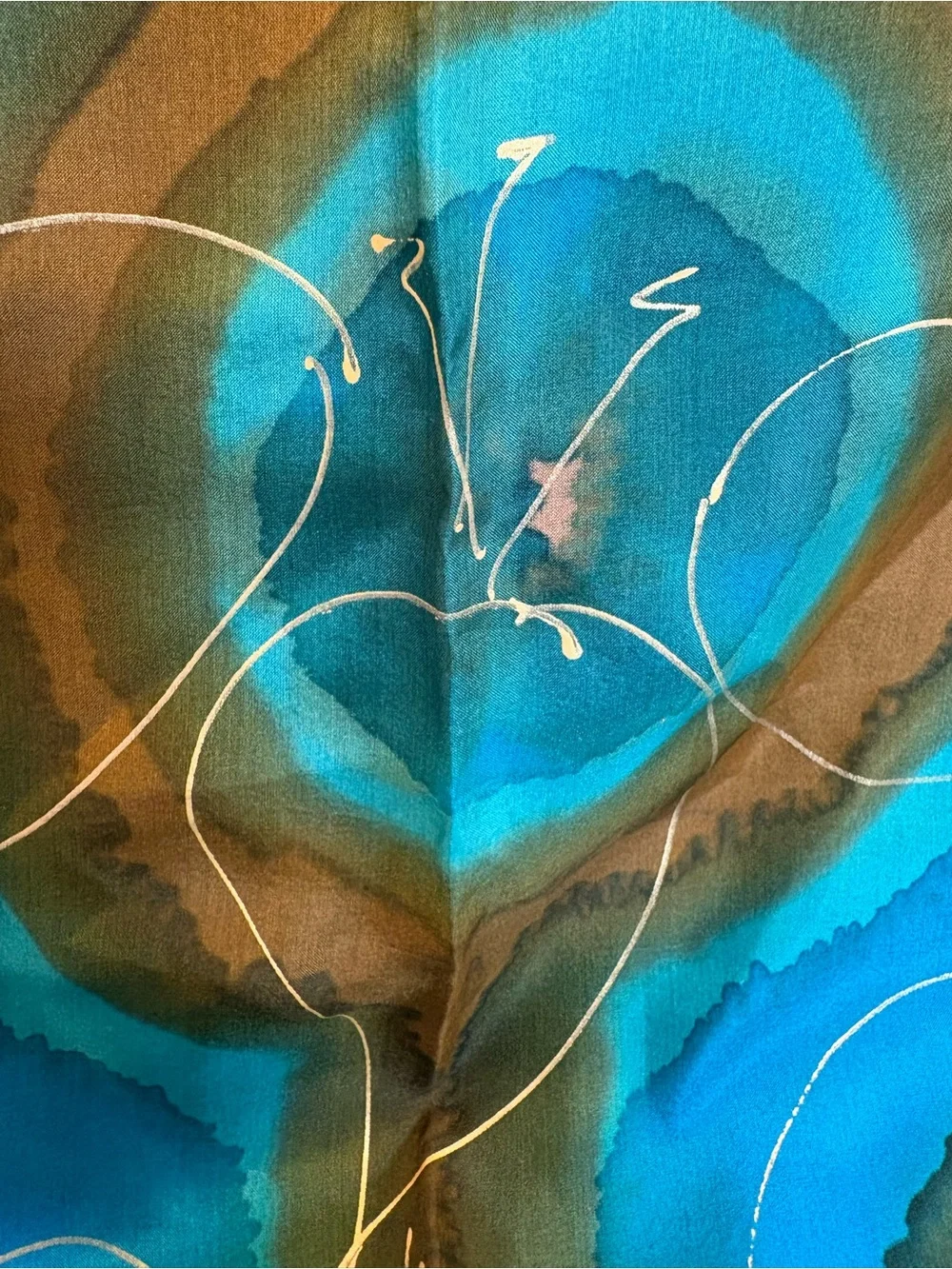 Vintage Luciano Micallef Silk Scarf Hand Painted Blue Green Flower Art Panel 54x